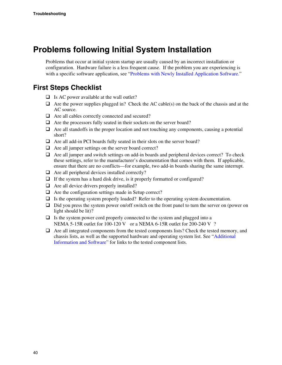 Problems following initial system installation, First steps checklist | Intel SE7520JR2 User Manual | Page 40 / 63