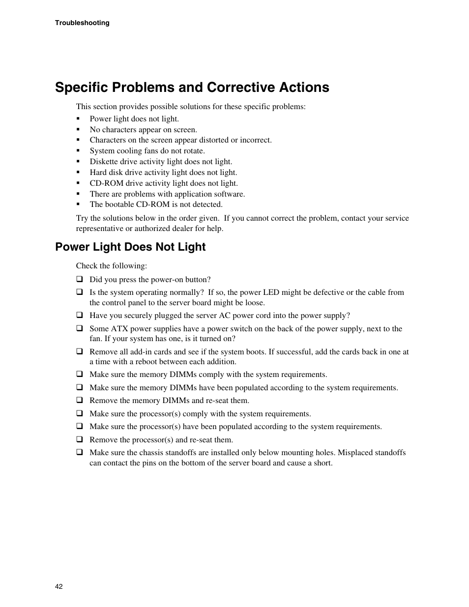 Specific problems and corrective actions, Power light does not light | Intel SE7520JR2 User Manual | Page 42 / 63