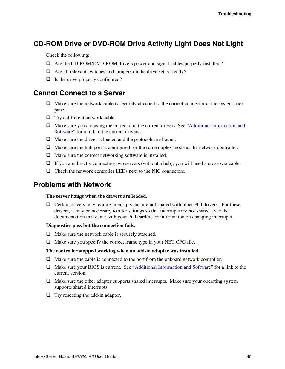 Cannot connect to a server, Problems with network | Intel SE7520JR2 User Manual | Page 45 / 63