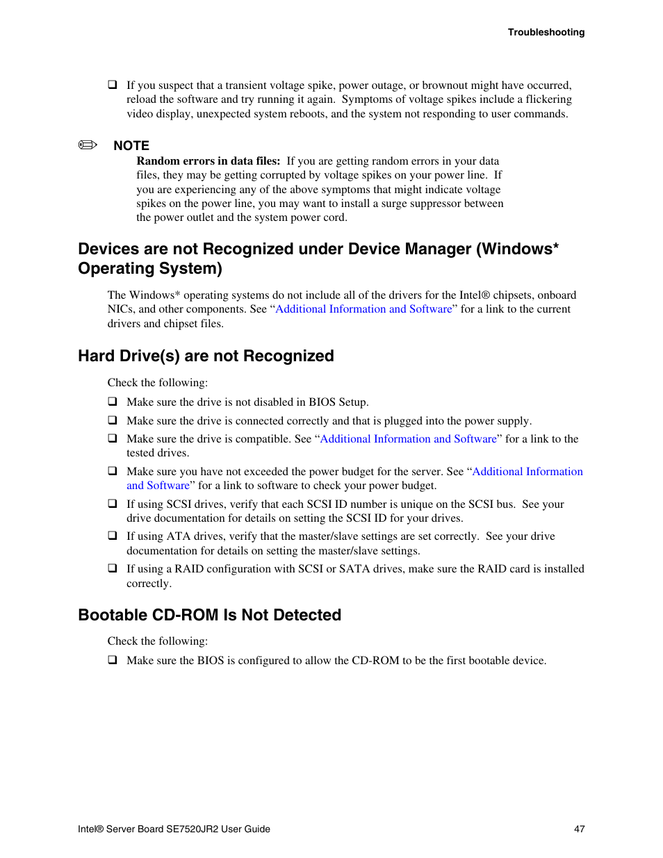 Hard drive(s) are not recognized, Bootable cd-rom is not detected | Intel SE7520JR2 User Manual | Page 47 / 63