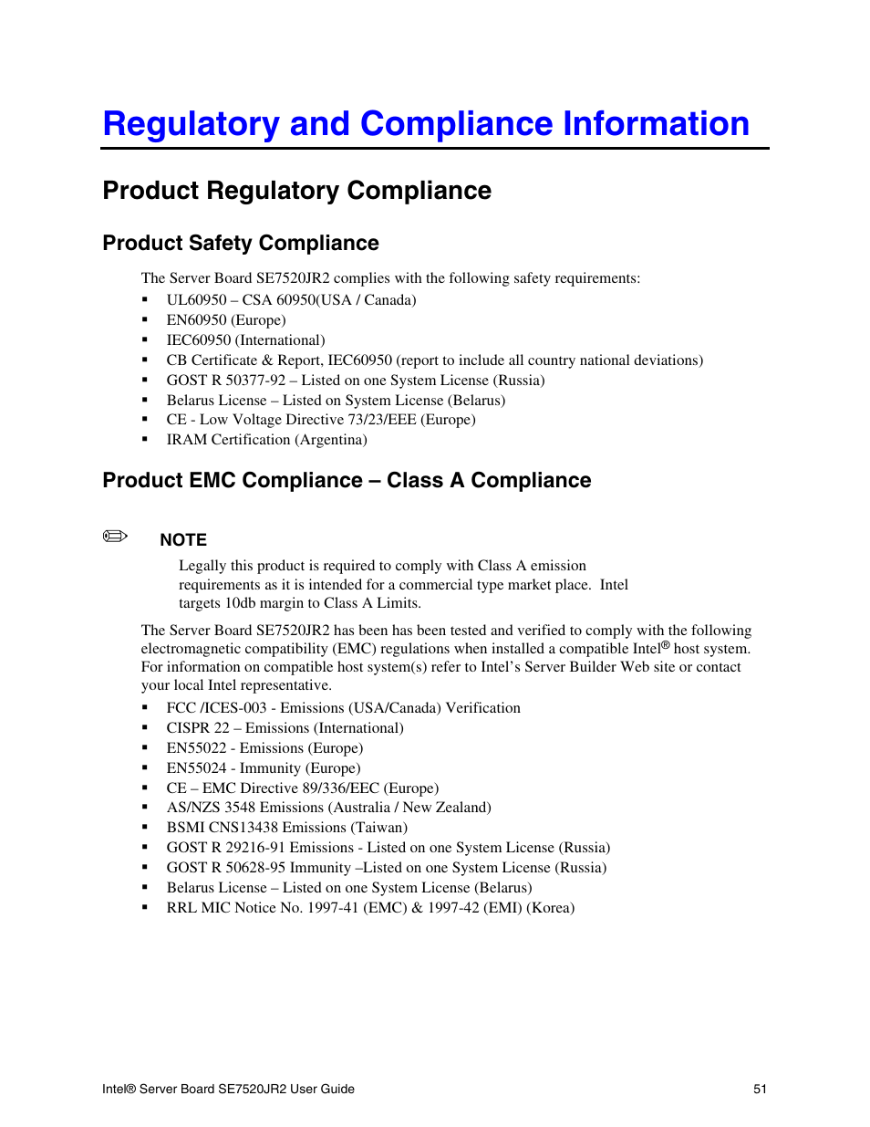 Product regulatory compliance, Product safety compliance, Product emc compliance – class a compliance | Regulatory and compliance information | Intel SE7520JR2 User Manual | Page 51 / 63