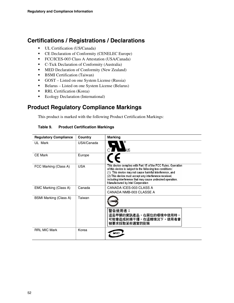 Certifications / registrations / declarations, Product regulatory compliance markings, Table 9 | Product certification markings | Intel SE7520JR2 User Manual | Page 52 / 63