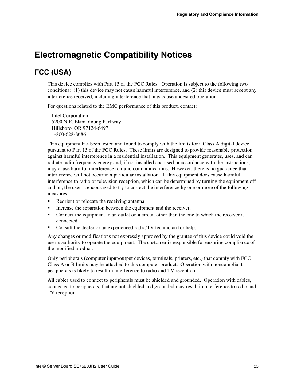 Electromagnetic compatibility notices, Fcc (usa) | Intel SE7520JR2 User Manual | Page 53 / 63