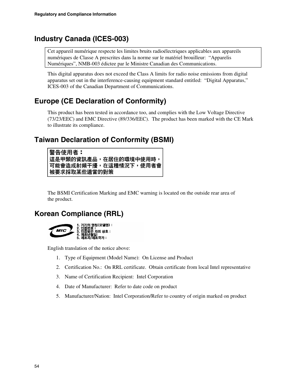 Industry canada (ices-003), Europe (ce declaration of conformity), Taiwan declaration of conformity (bsmi) | Korean compliance (rrl) | Intel SE7520JR2 User Manual | Page 54 / 63