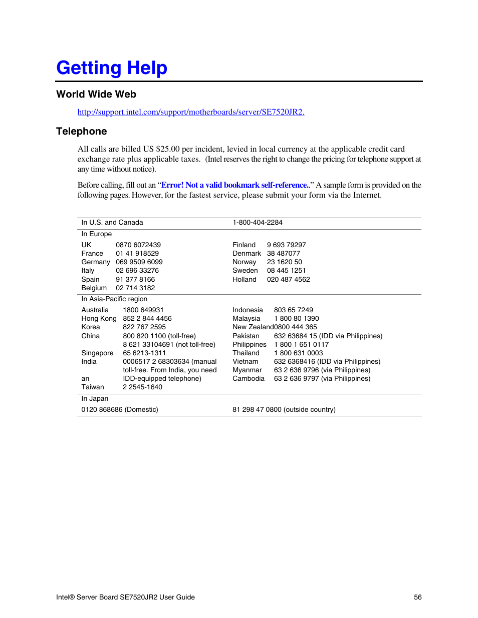 World wide web, Telephone, Getting help | For assista | Intel SE7520JR2 User Manual | Page 56 / 63