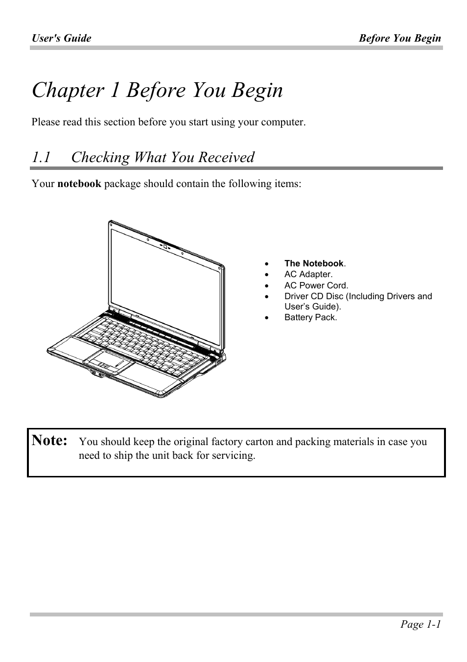 Chapter 1 before you begin, 1 checking what you received, Chapter 1 before you begin -1 | Hecking, Eceived | Intel W653UI1 User Manual | Page 7 / 50