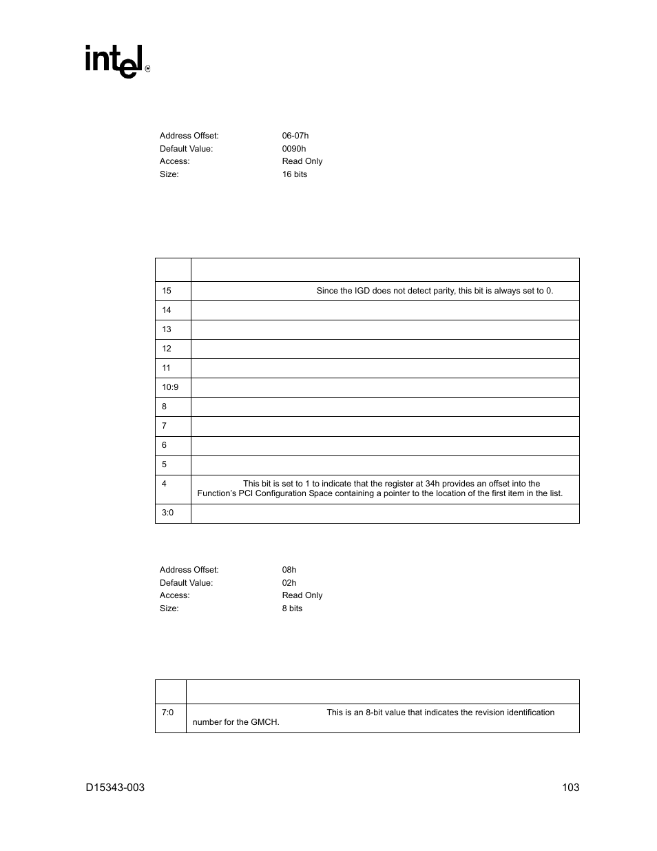 4 pcists - pci status register (device #2), 4 pcists – pci status register (device #2) | Intel D15343-003 User Manual | Page 103 / 166