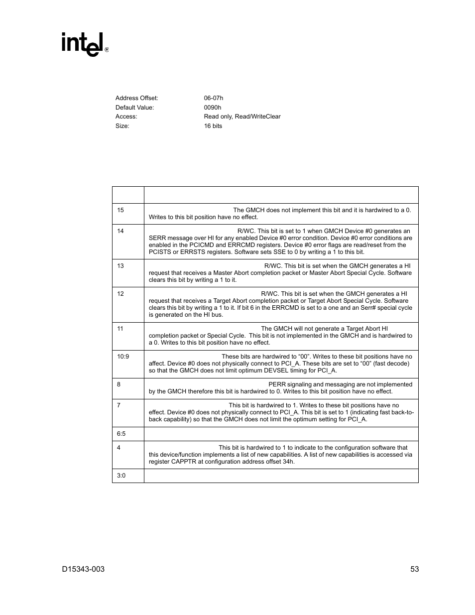4 pci status register, Pci status register | Intel D15343-003 User Manual | Page 53 / 166