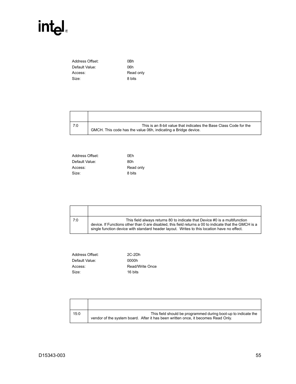7 bcc - base class code register, 8 hdr - header type register, 9 svid - subsystem vendor identification register | Bcc – base class code register, Hdr – header type register, Svid – subsystem vendor identification register, 7 bcc – base class code register, 8 hdr – header type register, 9 svid – subsystem vendor identification register | Intel D15343-003 User Manual | Page 55 / 166
