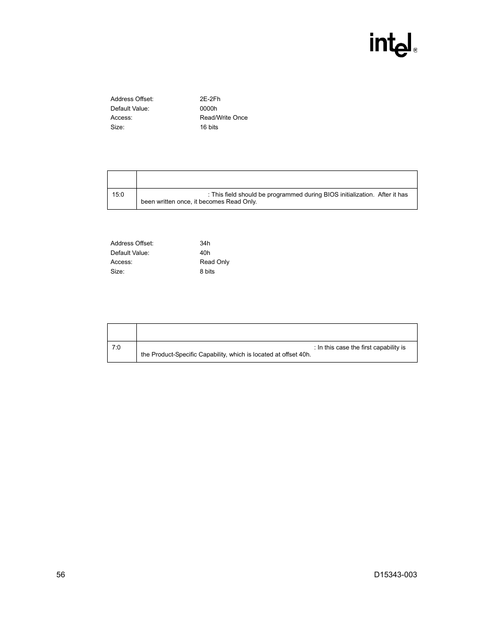 10 sid - subsystem identification register, 11 capptr - capabilities pointer register, 10 sid – subsystem identification register | 11 capptr – capabilities pointer register | Intel D15343-003 User Manual | Page 56 / 166