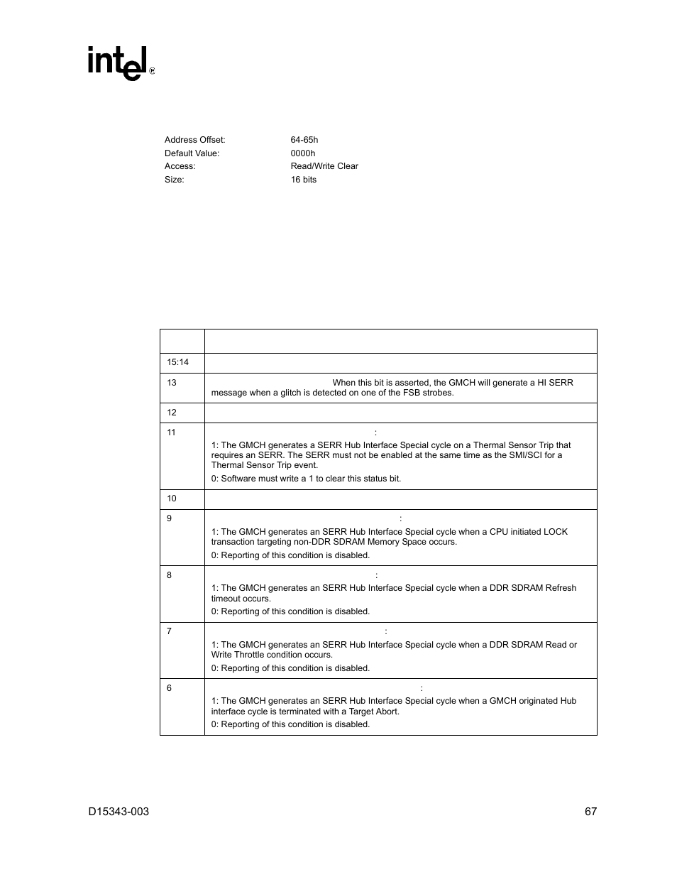 21 errcmd - error command register (device #0), 21 errcmd – error command register (device #0) | Intel D15343-003 User Manual | Page 67 / 166
