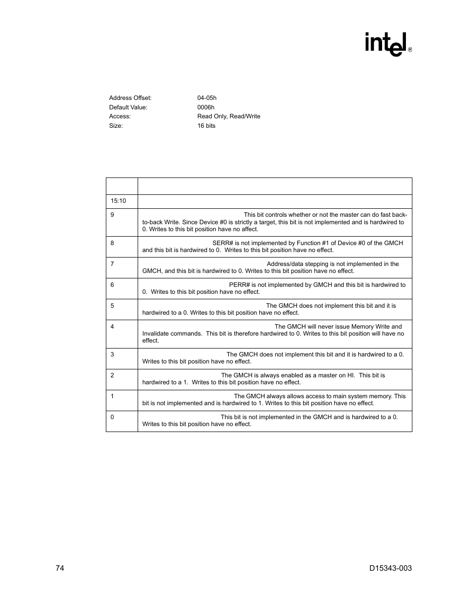 3 pcicmd - pci command register, Pcicmd – pci command register, 3 pcicmd – pci command register | Intel D15343-003 User Manual | Page 74 / 166