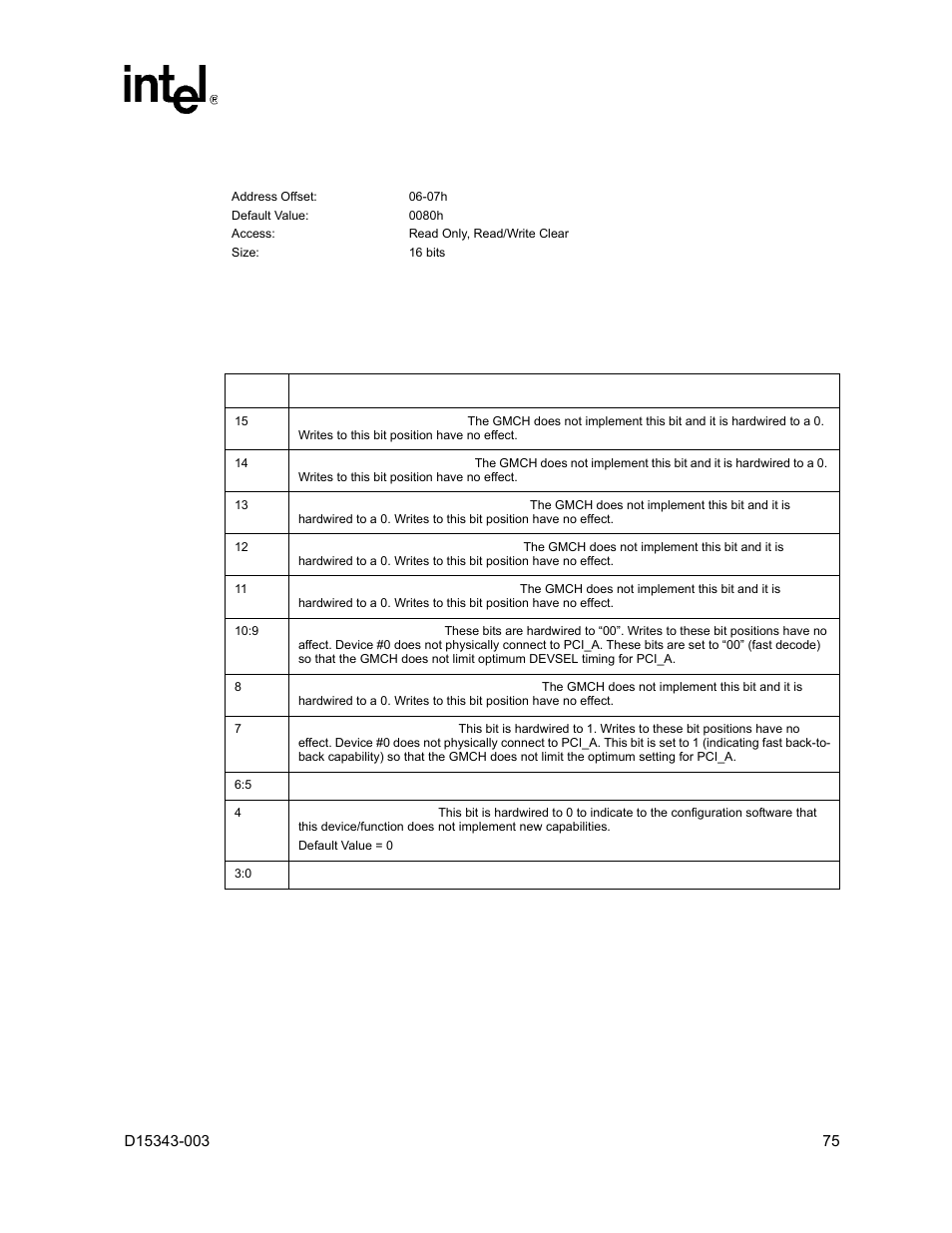 4 pcists - pci status register, Pcists – pci status register, 4 pcists – pci status register | Intel D15343-003 User Manual | Page 75 / 166