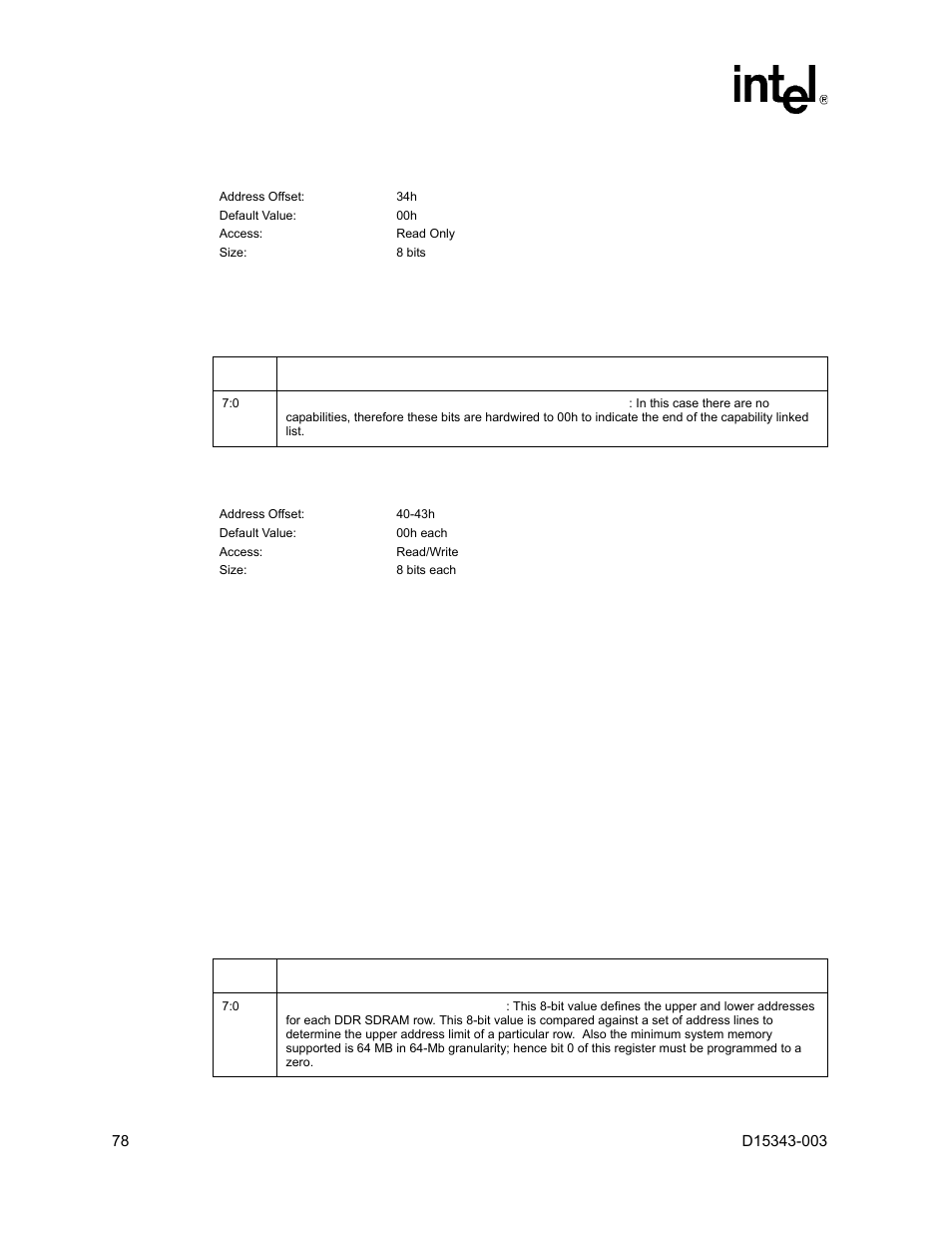 11 capptr - capabilities pointer register, 11 capptr – capabilities pointer register | Intel D15343-003 User Manual | Page 78 / 166