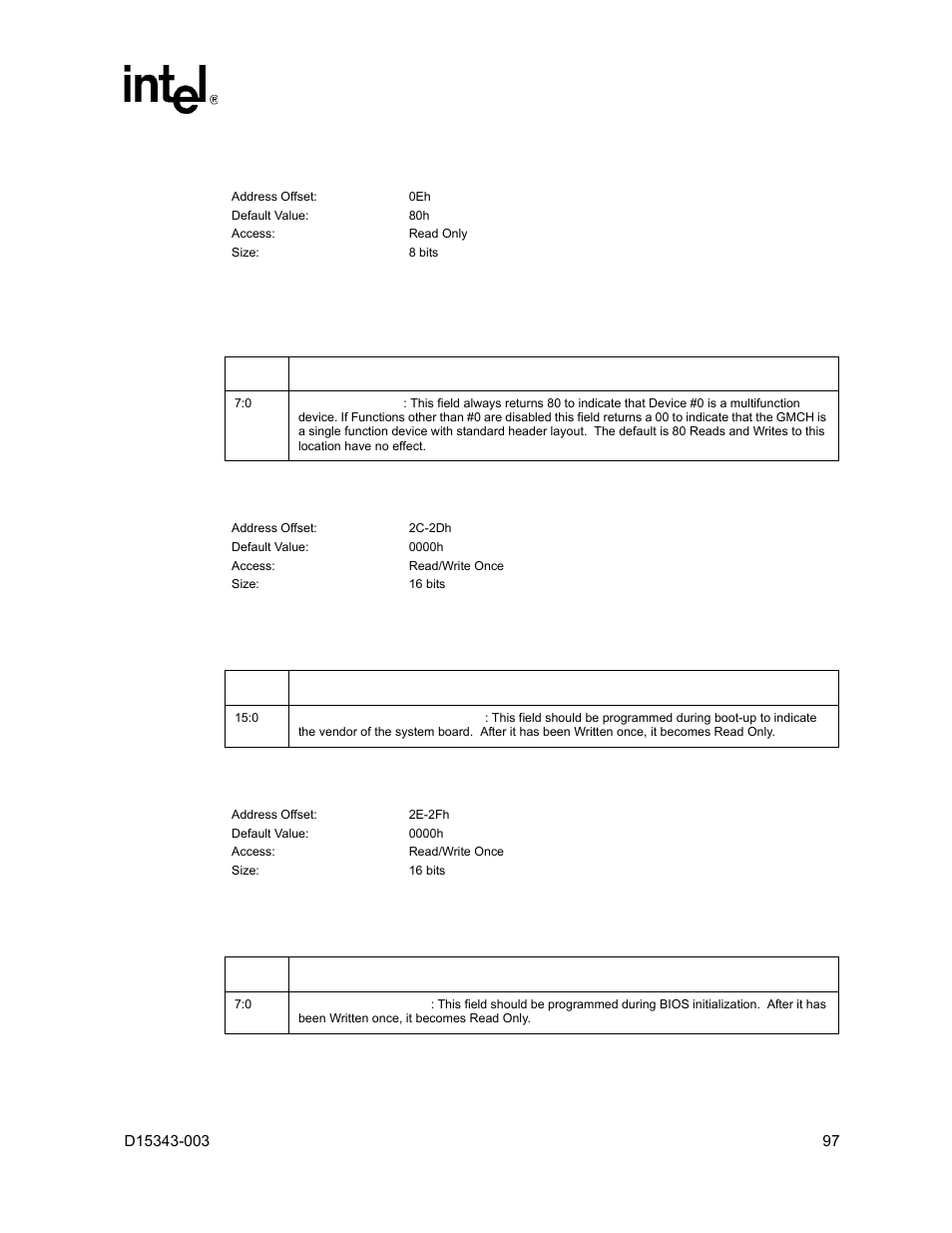 8 hdr - header type register, 9 svid - subsystem vendor identification register, 10 id - subsystem identification register | 8 hdr – header type register, 9 svid – subsystem vendor identification register, 10 id – subsystem identification register | Intel D15343-003 User Manual | Page 97 / 166