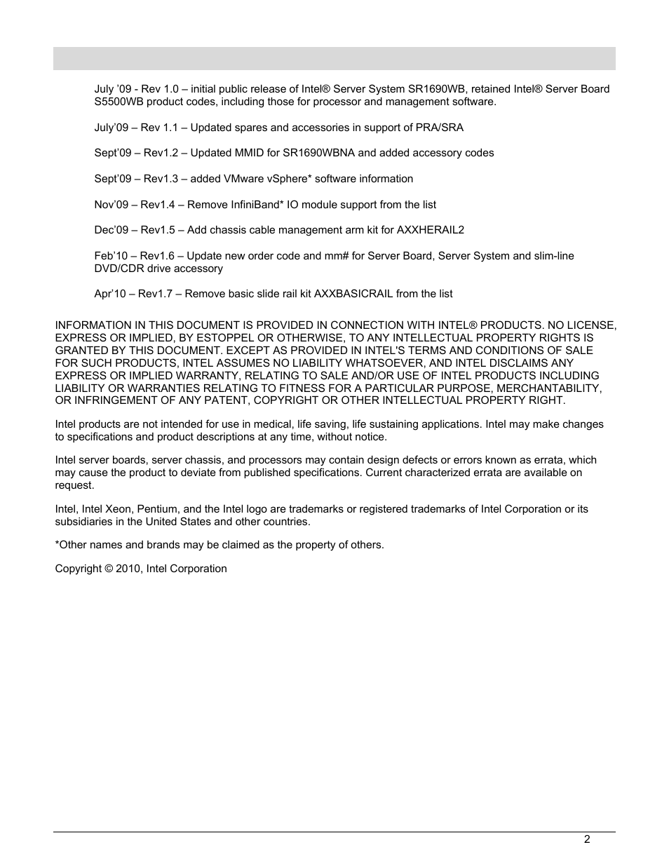 Revision history | Intel SR1690WB User Manual | Page 2 / 9