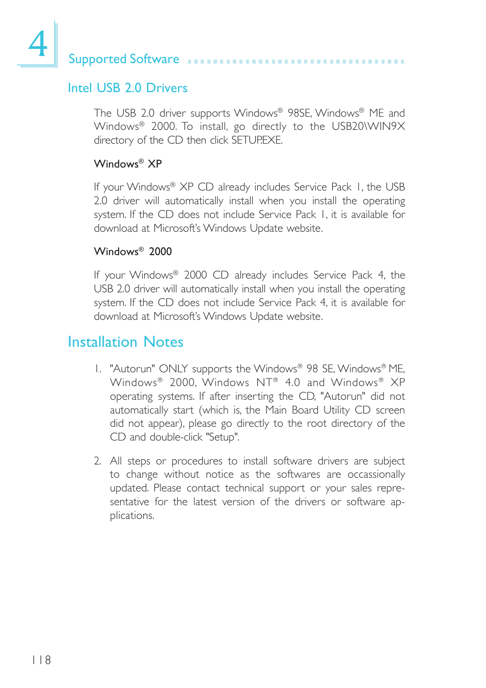 Supported software intel usb 2.0 drivers | Intel System Board G4H875-B User Manual | Page 118 / 129