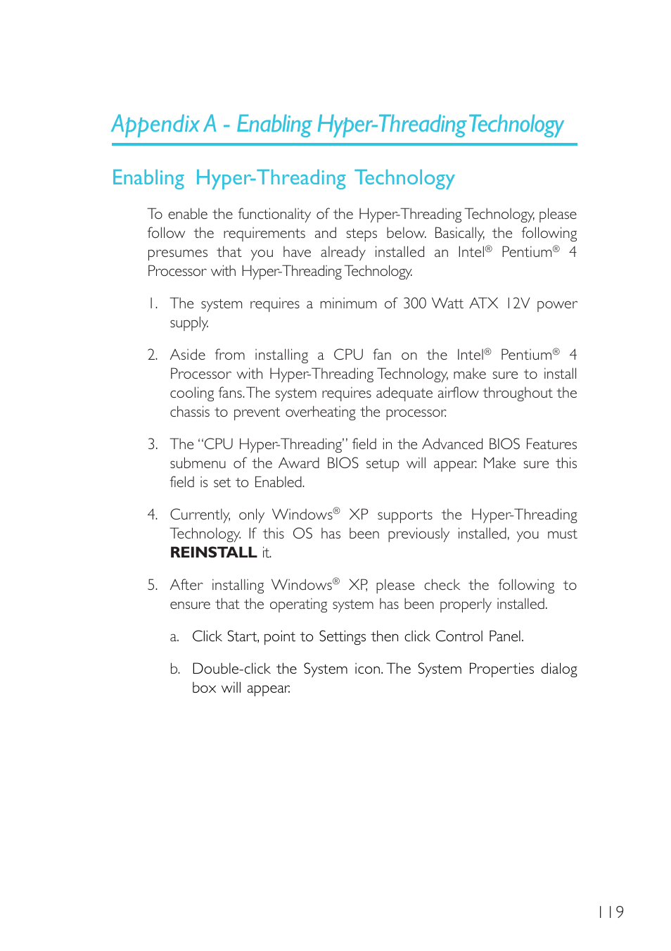 Appendix a - enabling hyper-threading technology, Enabling hyper-threading technology | Intel System Board G4H875-B User Manual | Page 119 / 129