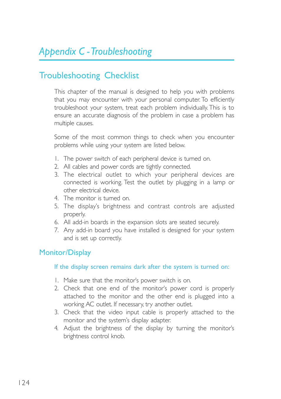 Appendix c - troubleshooting, Troubleshooting checklist | Intel System Board G4H875-B User Manual | Page 124 / 129