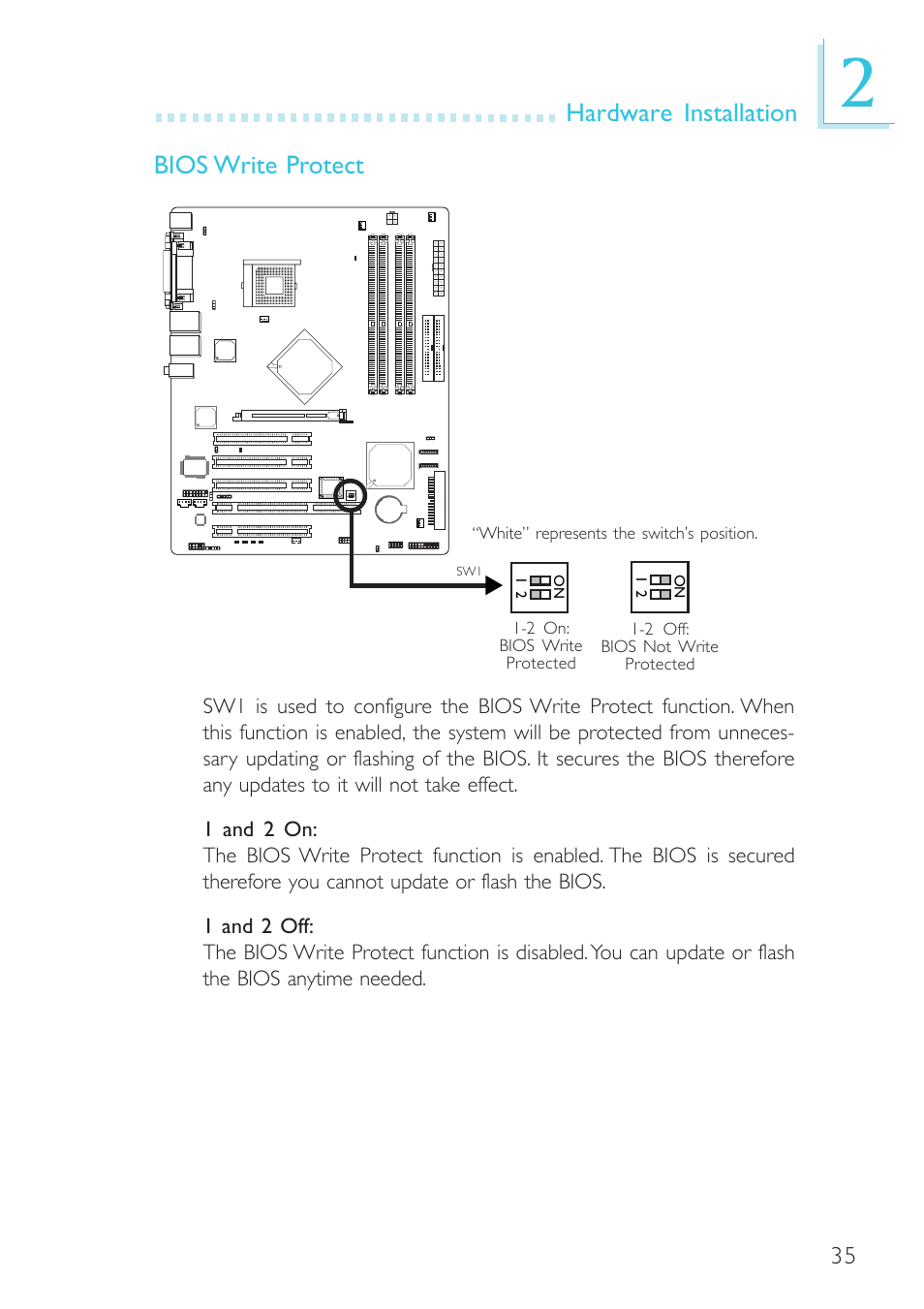 Hardware installation, Bios write protect | Intel System Board G4H875-B User Manual | Page 35 / 129