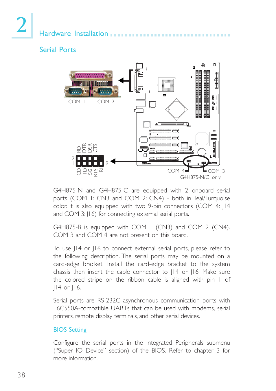 Hardware installation, Serial ports | Intel System Board G4H875-B User Manual | Page 38 / 129