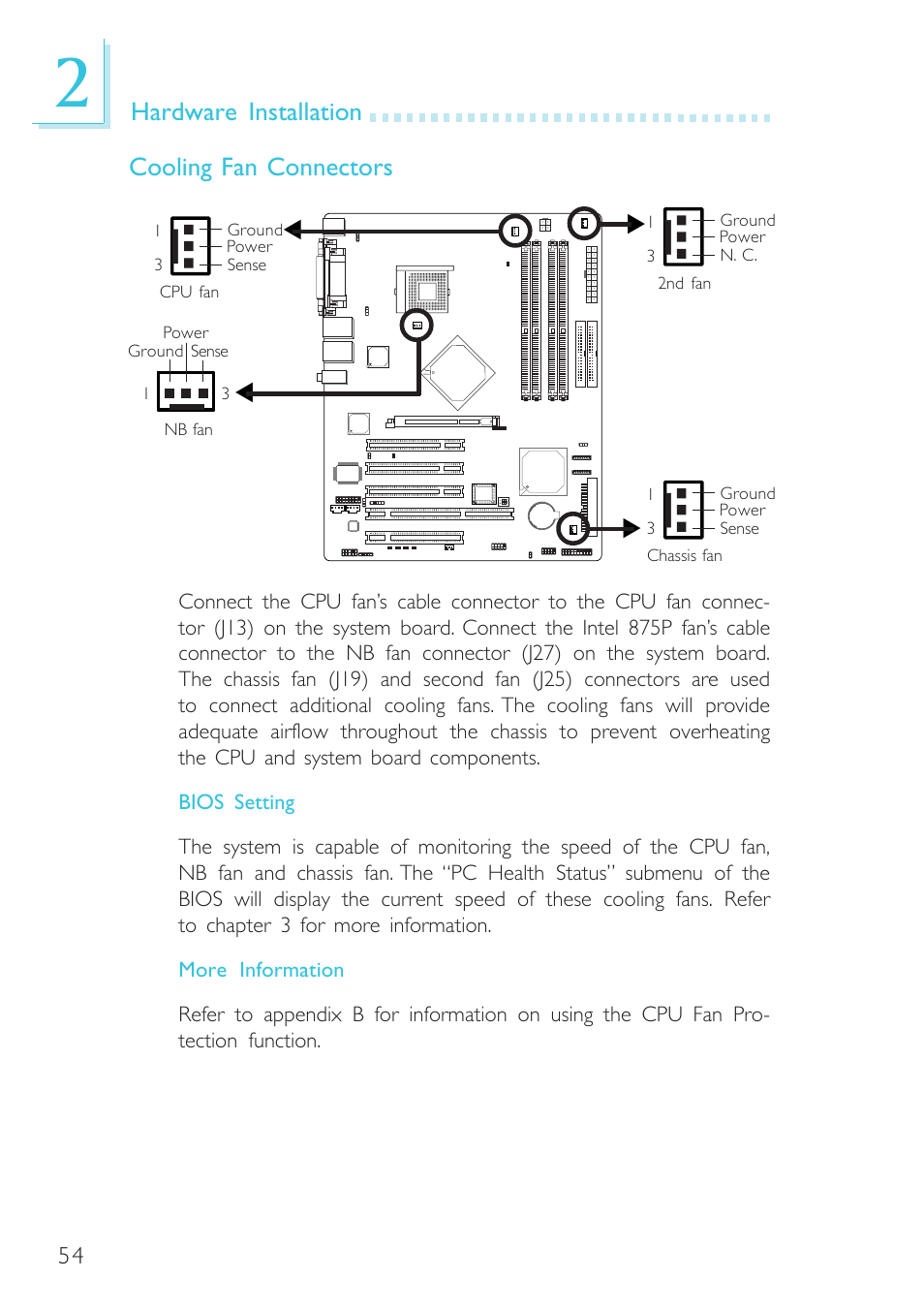 Hardware installation, Cooling fan connectors | Intel System Board G4H875-B User Manual | Page 54 / 129