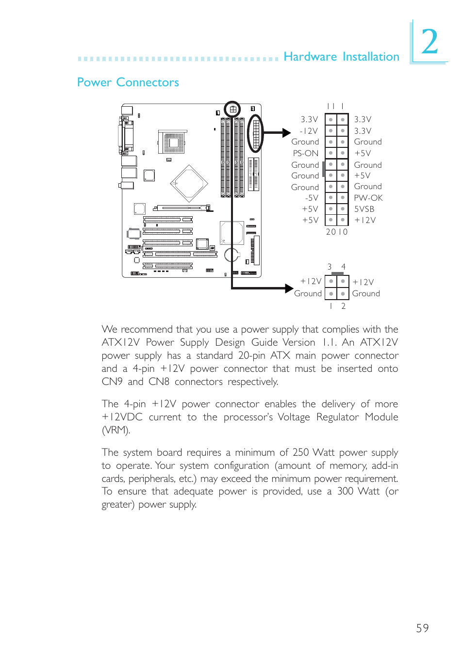 Hardware installation power connectors | Intel System Board G4H875-B User Manual | Page 59 / 129