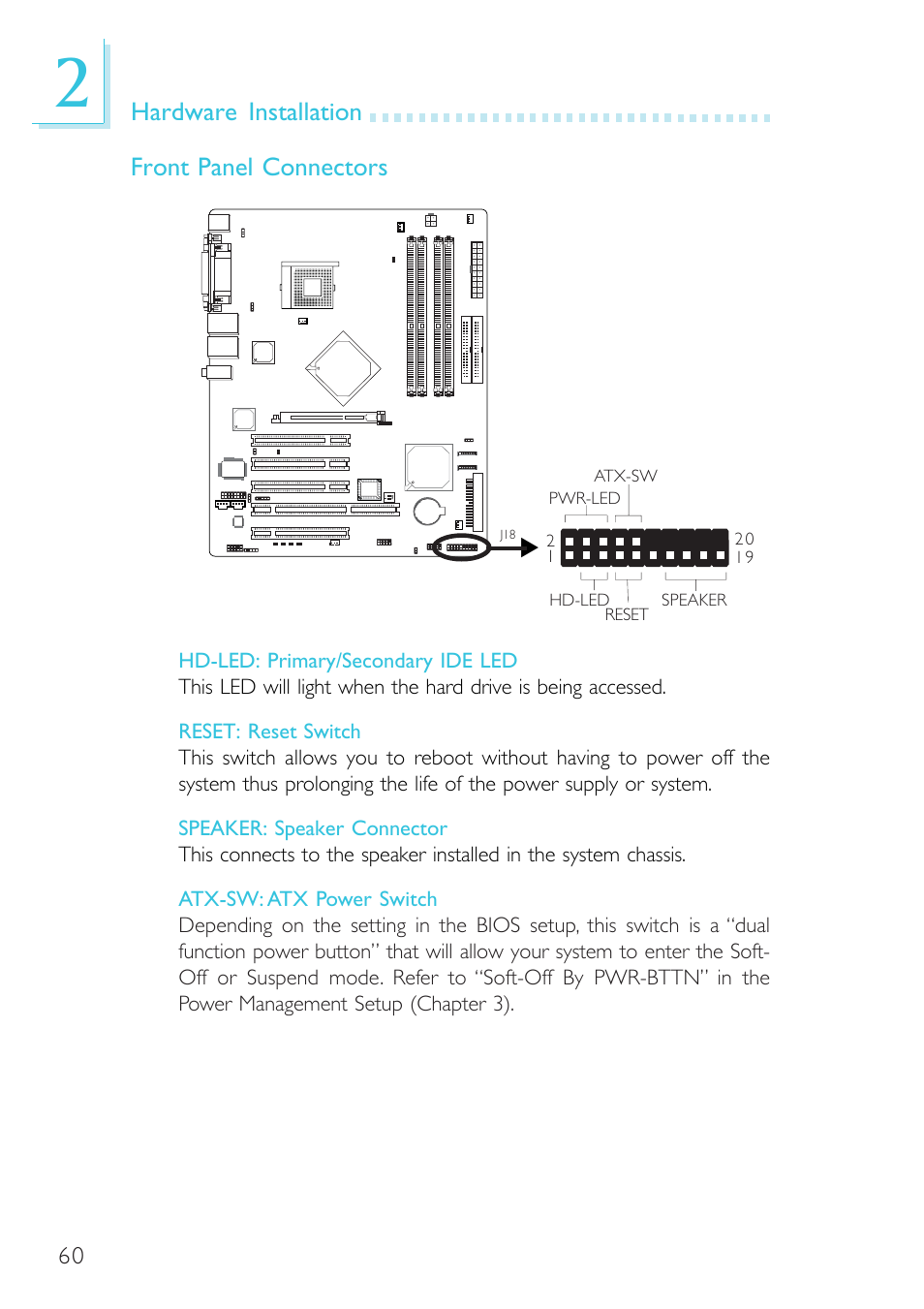 Hardware installation front panel connectors | Intel System Board G4H875-B User Manual | Page 60 / 129