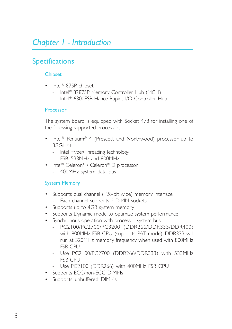 Chapter 1 - introduction, Specifications, Introduction | Intel System Board G4H875-B User Manual | Page 8 / 129