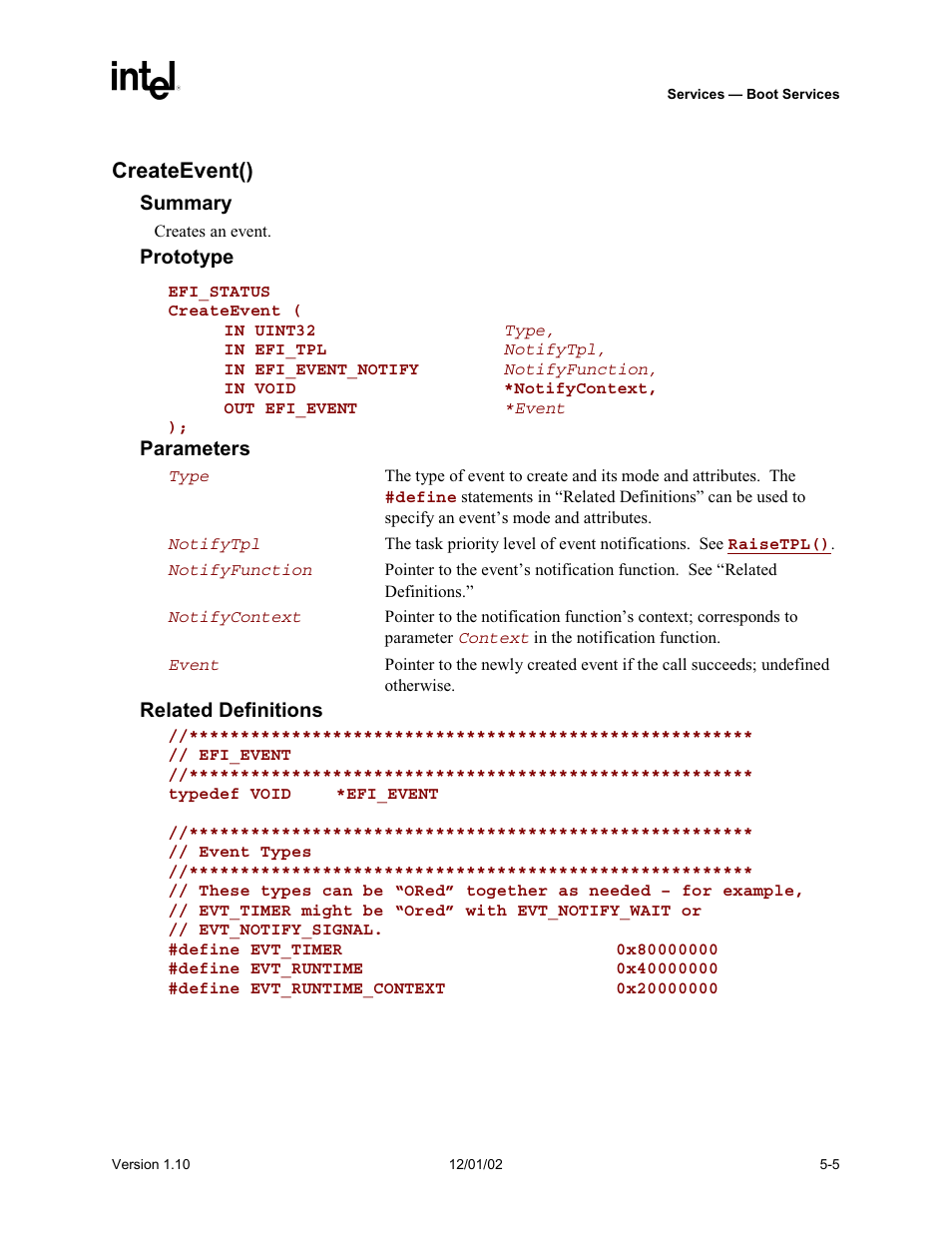 Createevent() | Intel Extensible Firmware Interface User Manual | Page 103 / 1084