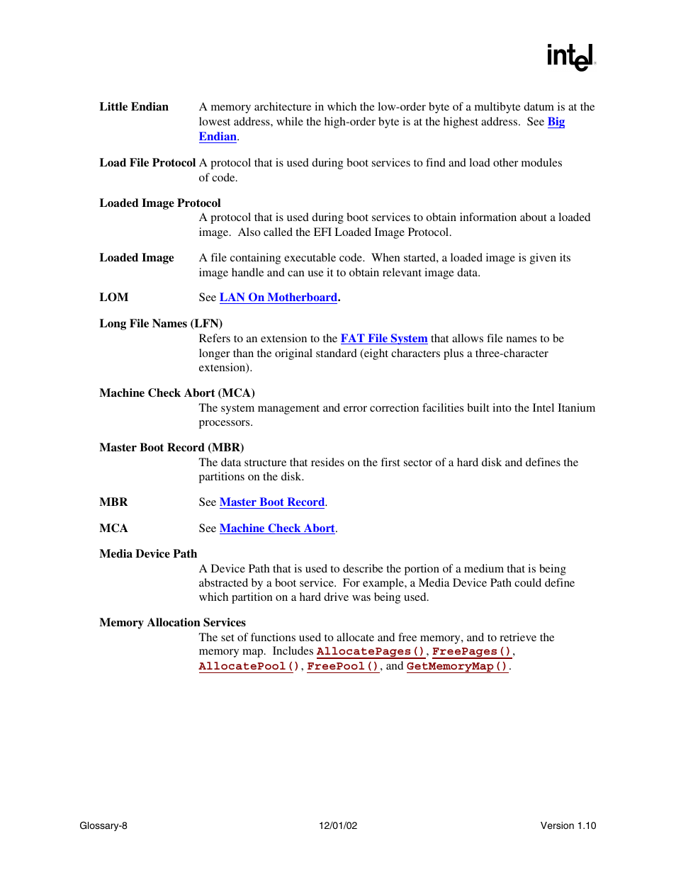 Little, Endian, Memory allocation services | Media device path, Long file names | Intel Extensible Firmware Interface User Manual | Page 1056 / 1084