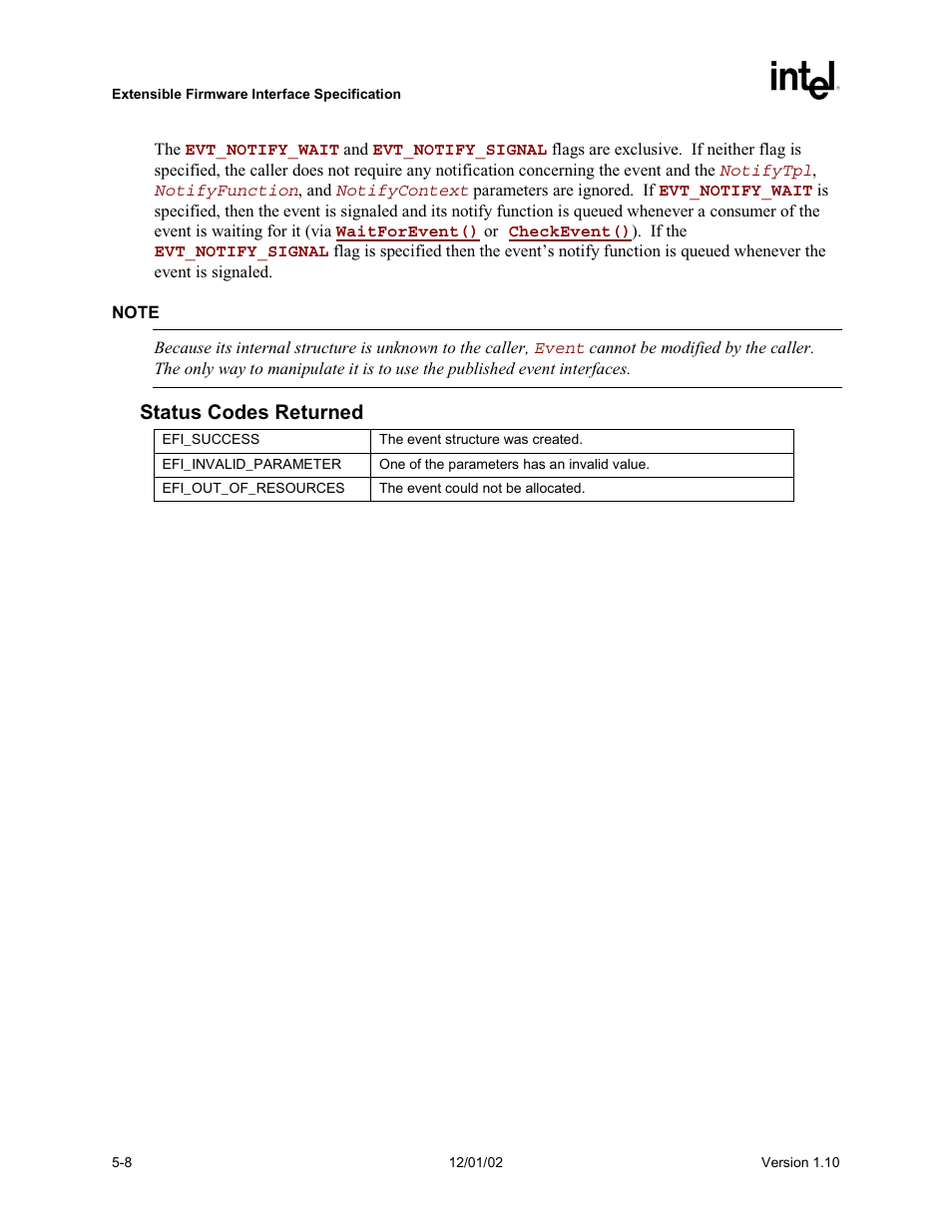 Status codes returned | Intel Extensible Firmware Interface User Manual | Page 106 / 1084
