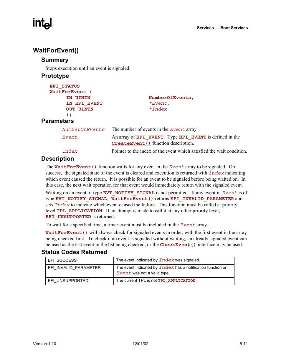 Waitforevent() | Intel Extensible Firmware Interface User Manual | Page 109 / 1084
