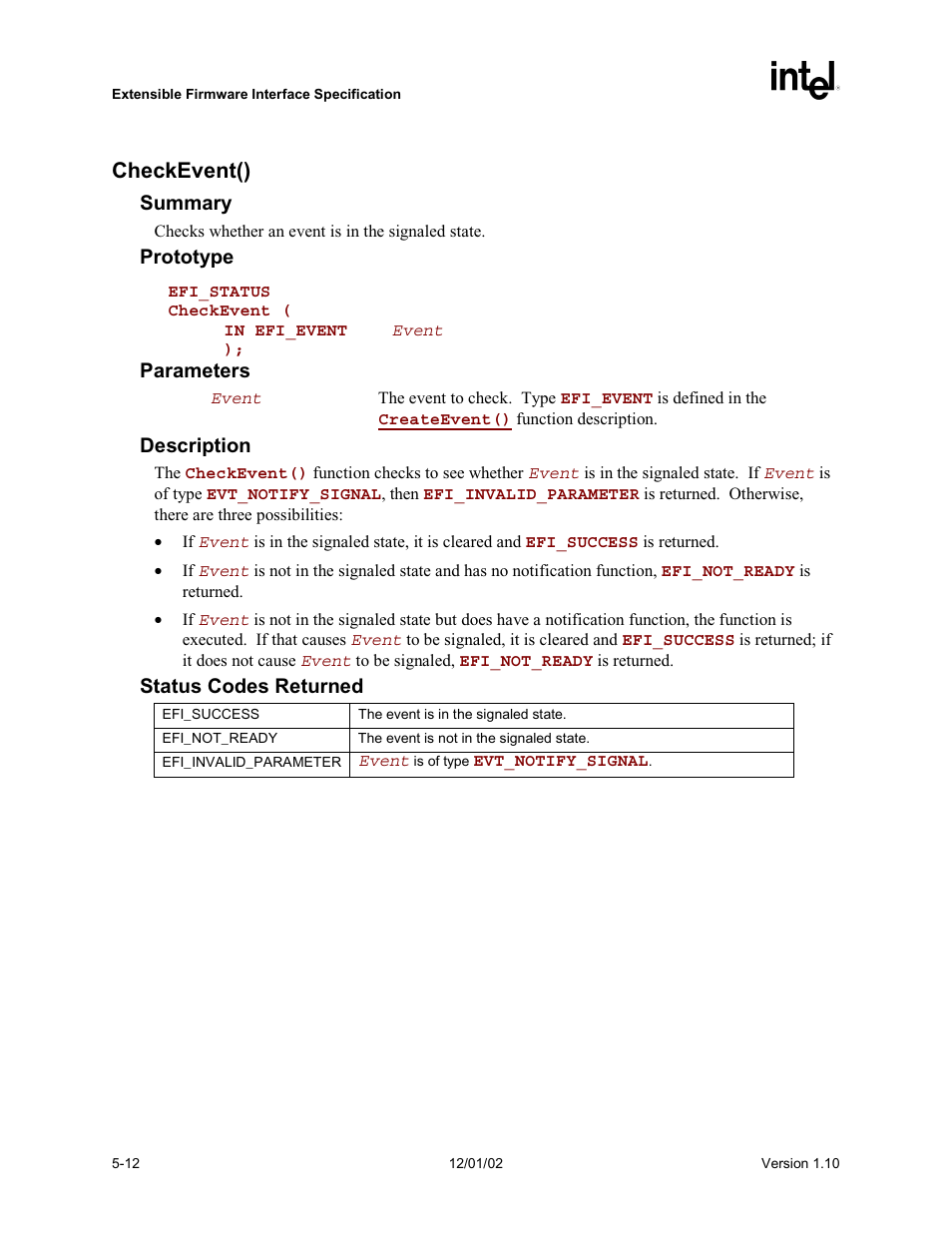 Checkevent() | Intel Extensible Firmware Interface User Manual | Page 110 / 1084
