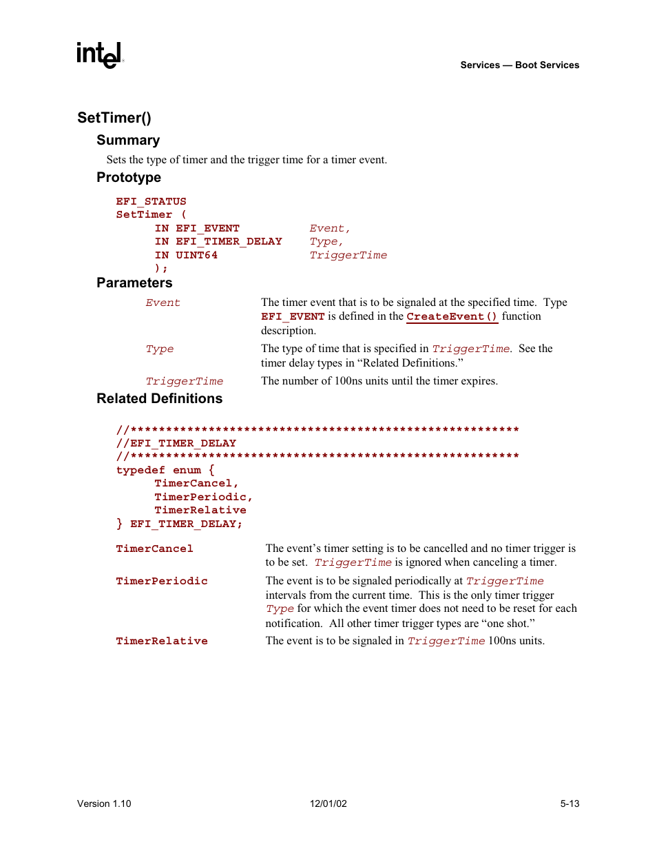 Settimer() | Intel Extensible Firmware Interface User Manual | Page 111 / 1084