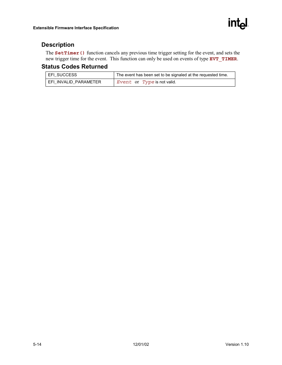 Description, Status codes returned | Intel Extensible Firmware Interface User Manual | Page 112 / 1084