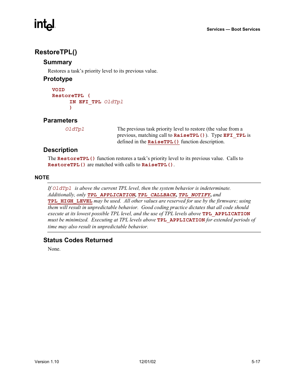 Restoretpl() | Intel Extensible Firmware Interface User Manual | Page 115 / 1084