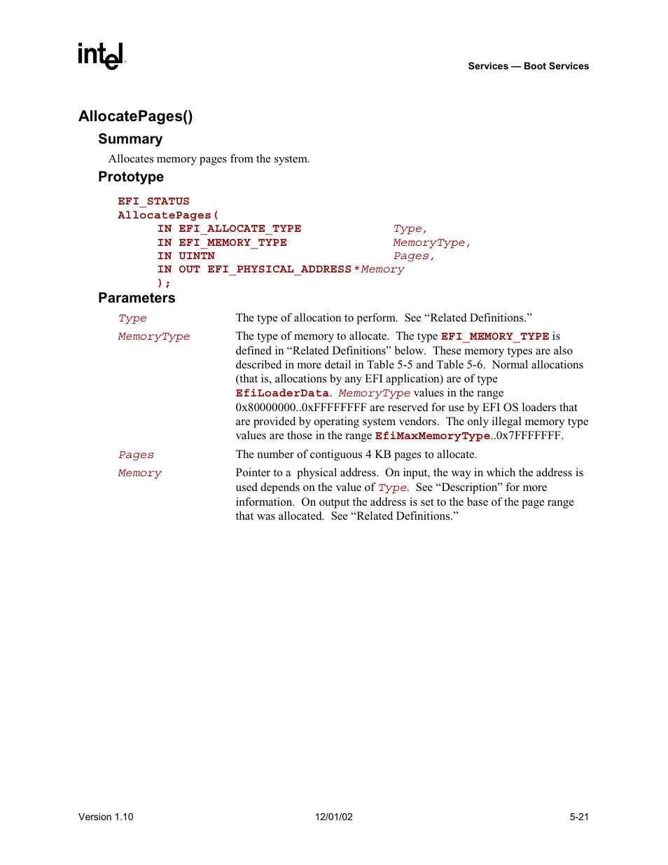 Allocatepages() | Intel Extensible Firmware Interface User Manual | Page 119 / 1084