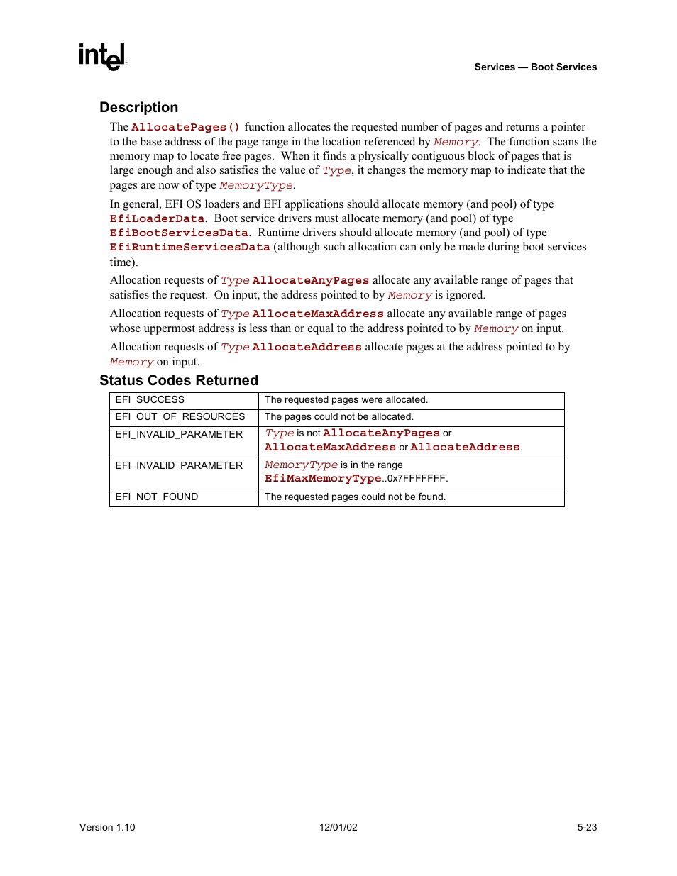 Description, Status codes returned | Intel Extensible Firmware Interface User Manual | Page 121 / 1084