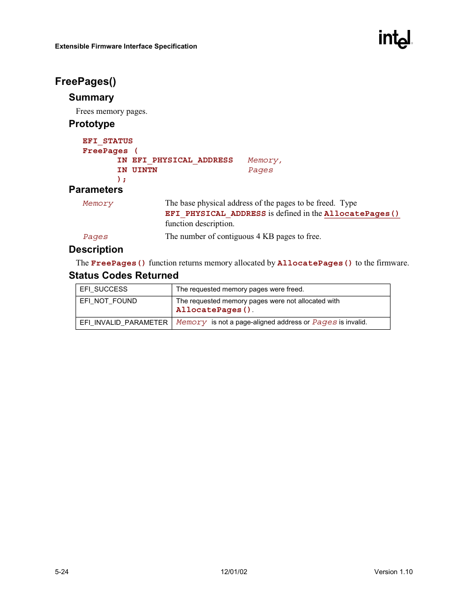 Freepages() | Intel Extensible Firmware Interface User Manual | Page 122 / 1084