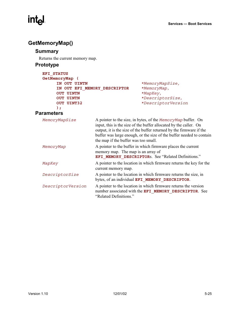 Getmemorymap() | Intel Extensible Firmware Interface User Manual | Page 123 / 1084