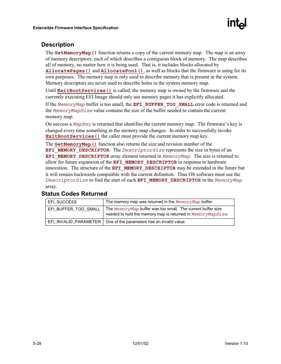 Description, Status codes returned | Intel Extensible Firmware Interface User Manual | Page 126 / 1084