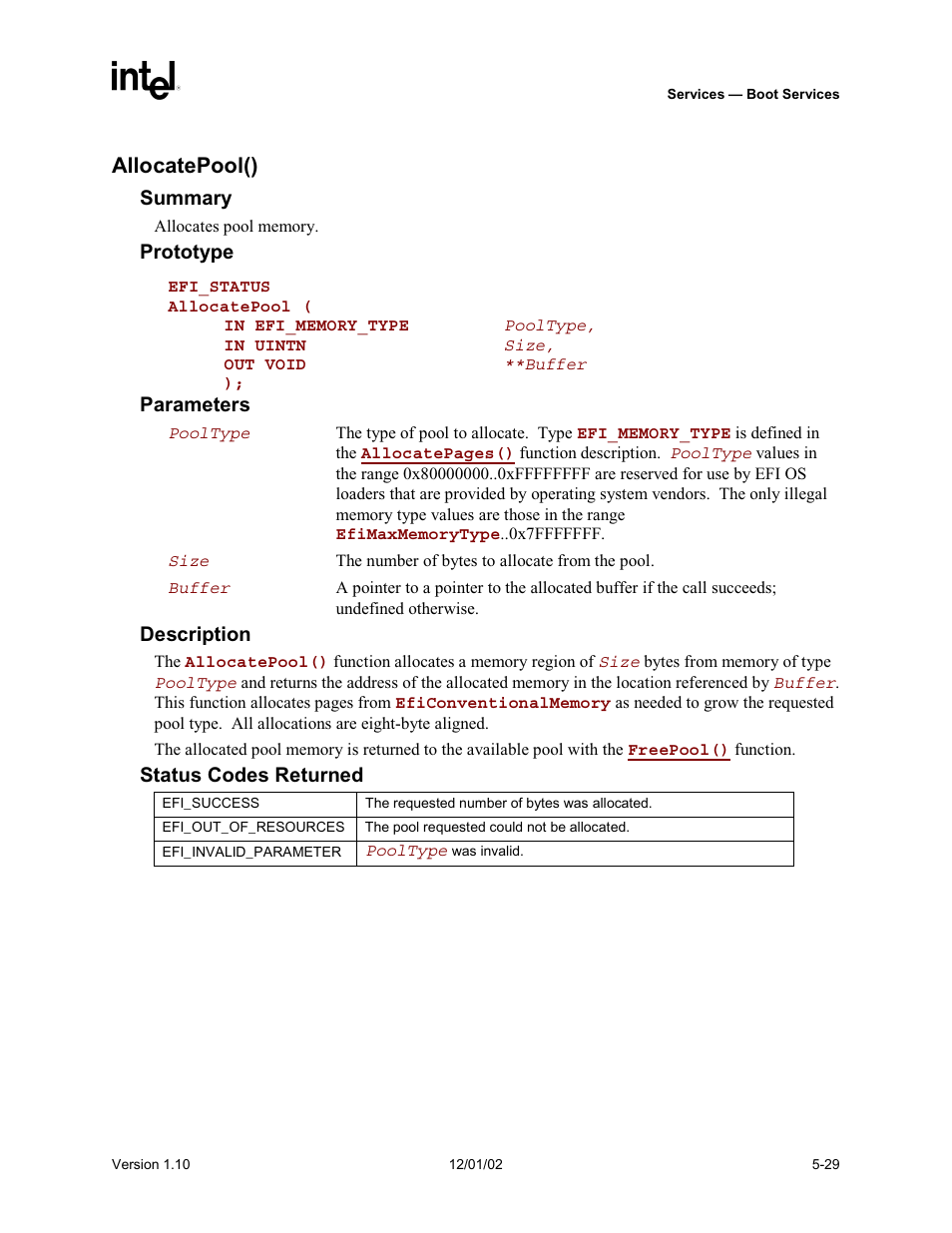 Allocatepool() | Intel Extensible Firmware Interface User Manual | Page 127 / 1084
