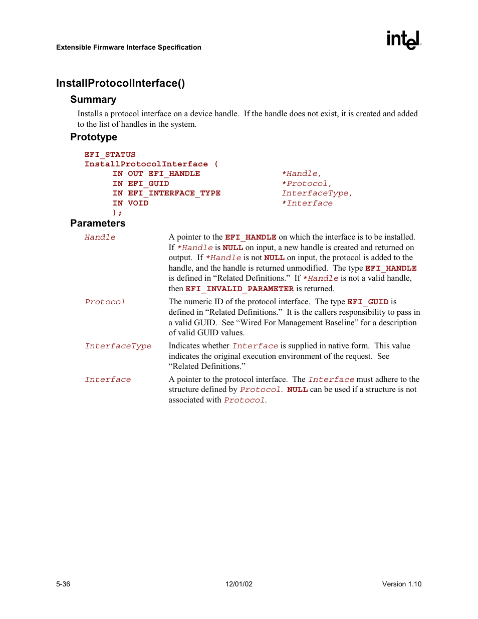 Installprotocolinterface() | Intel Extensible Firmware Interface User Manual | Page 134 / 1084