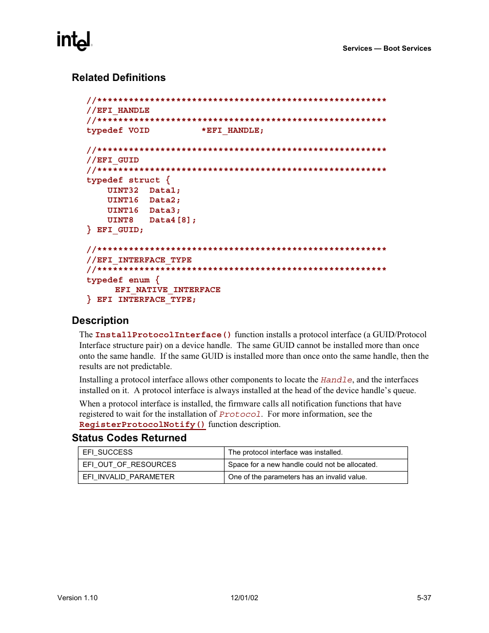 Related definitions, Description, Status codes returned | Intel Extensible Firmware Interface User Manual | Page 135 / 1084