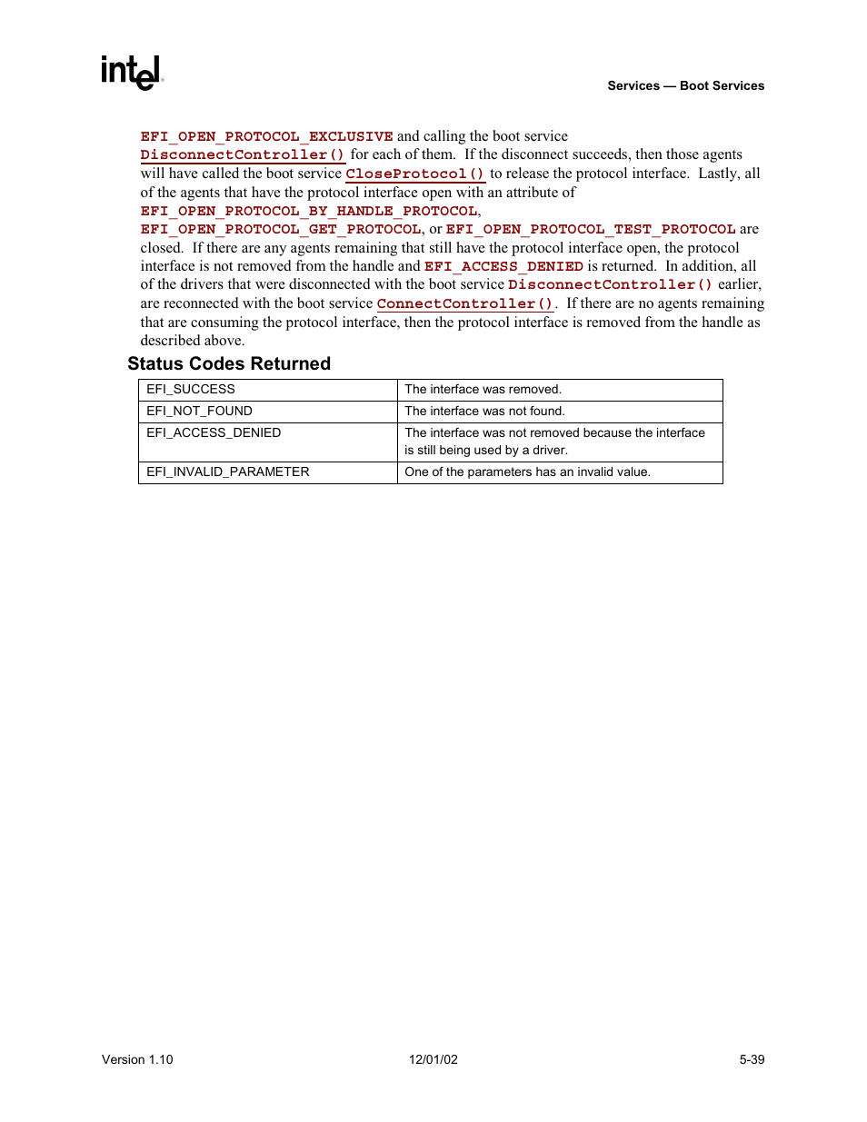 Status codes returned | Intel Extensible Firmware Interface User Manual | Page 137 / 1084