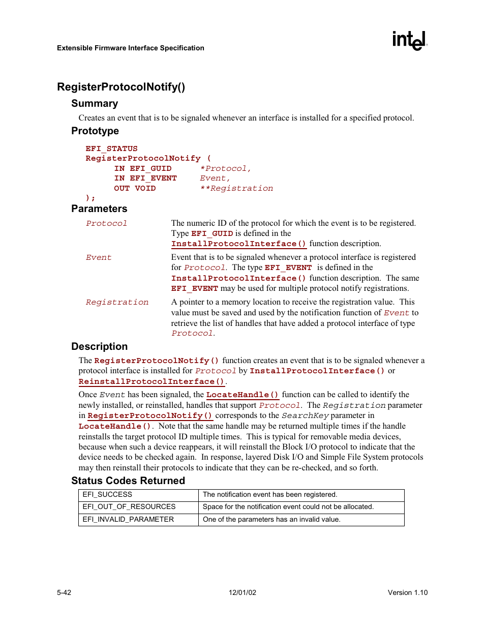 Registerprotocolnotify() | Intel Extensible Firmware Interface User Manual | Page 140 / 1084