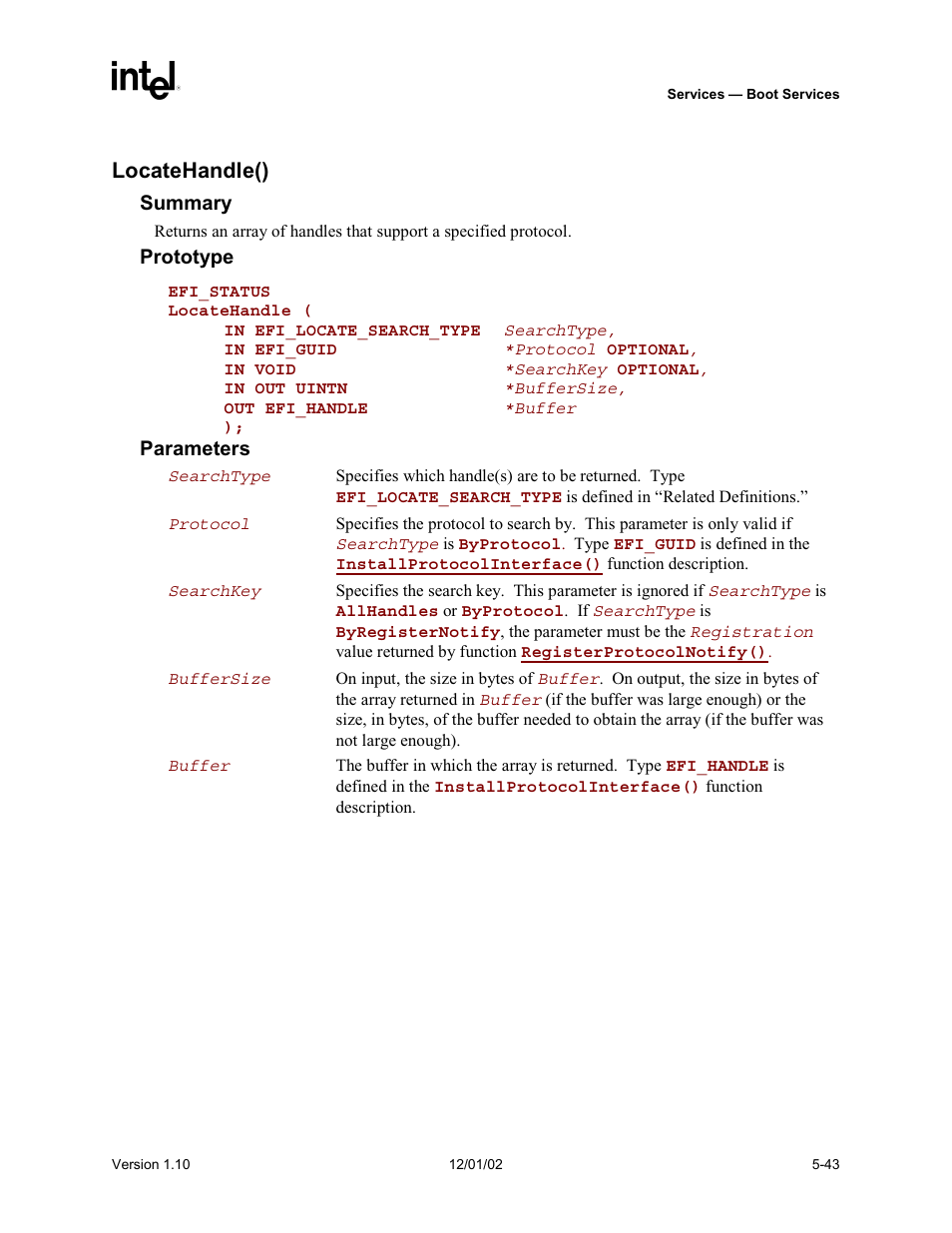 Locatehandle() | Intel Extensible Firmware Interface User Manual | Page 141 / 1084