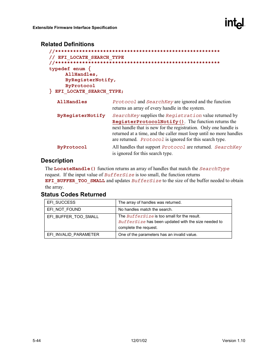 Related definitions, Description, Status codes returned | Intel Extensible Firmware Interface User Manual | Page 142 / 1084