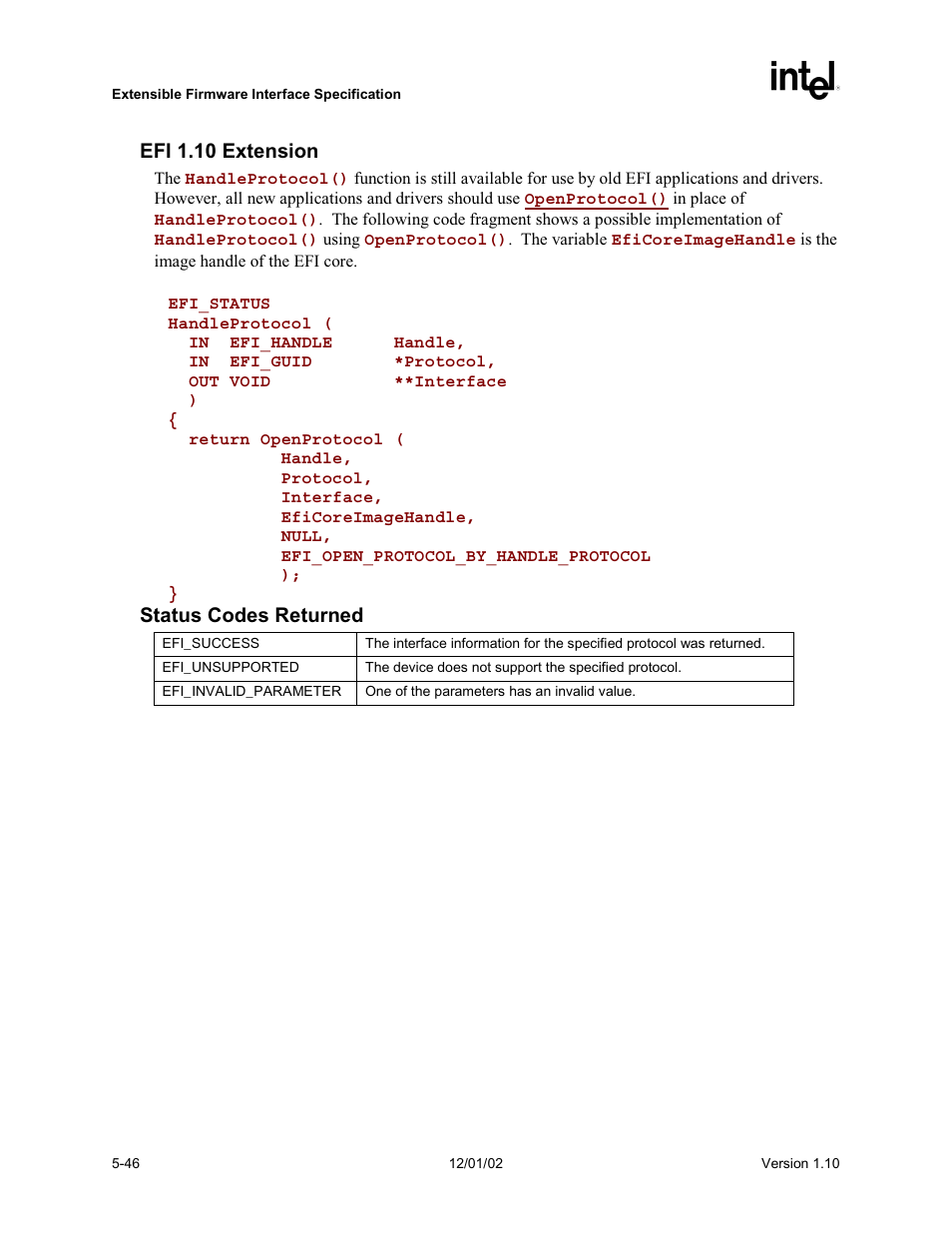Efi 1.10 extension, Status codes returned | Intel Extensible Firmware Interface User Manual | Page 144 / 1084